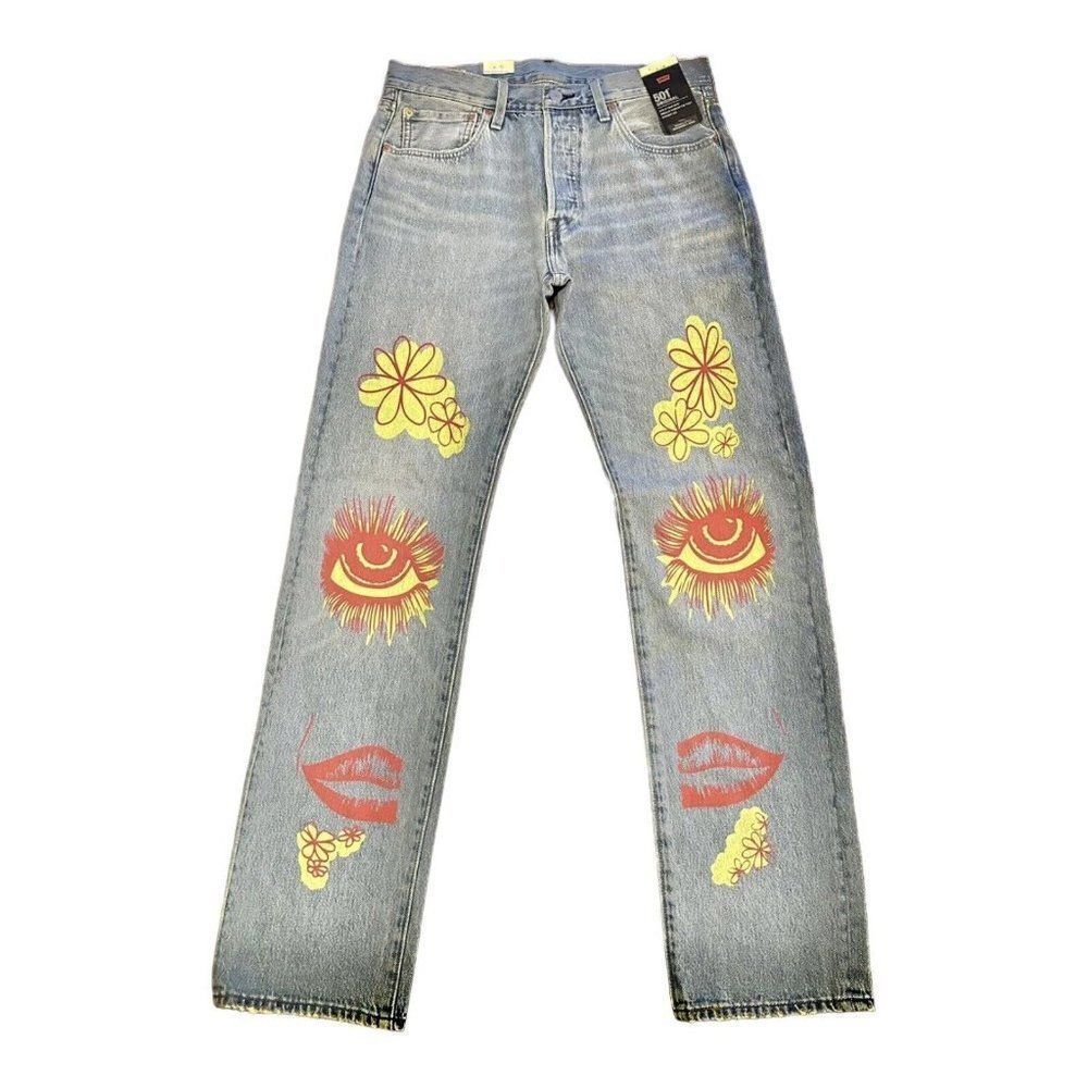 LEVIS 33x34 Premium 501 Original SUMMER LOVE JEANS Festival Sun Floral Groovy‎